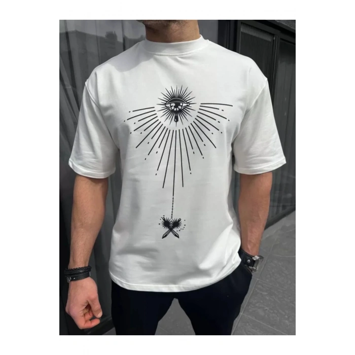 Unisex Bisiklet Yaka Baskılı Oversize T-Shirt - Beyaz