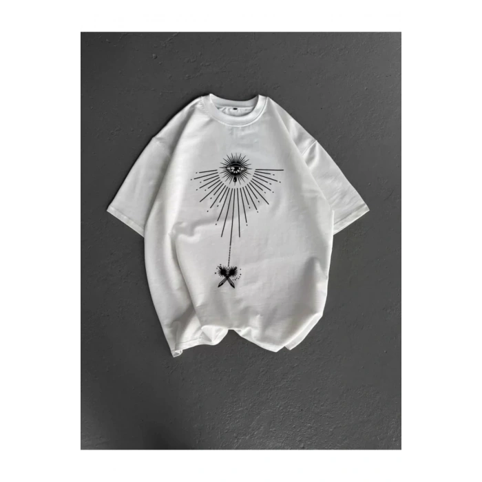 Unisex Bisiklet Yaka Baskılı Oversize T-Shirt - Beyaz