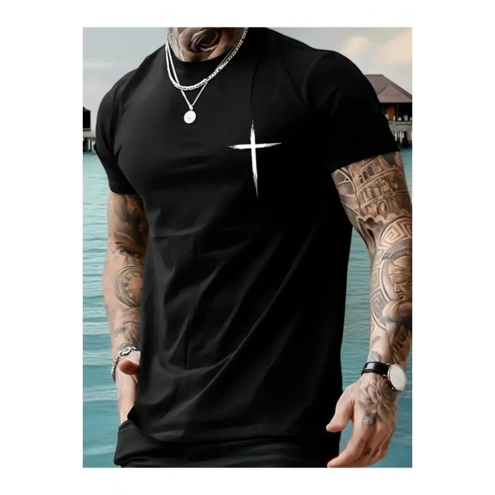Baskılı Oversize Bisiklet Yaka T-shirt - Siyah