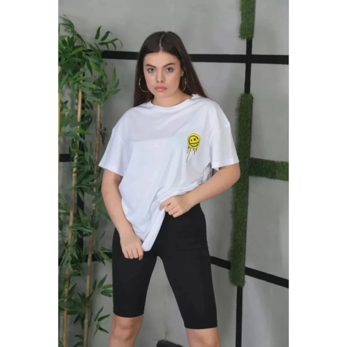 Unisex Bisiklet Yaka Baskılı Oversize T-Shirt - Beyaz
