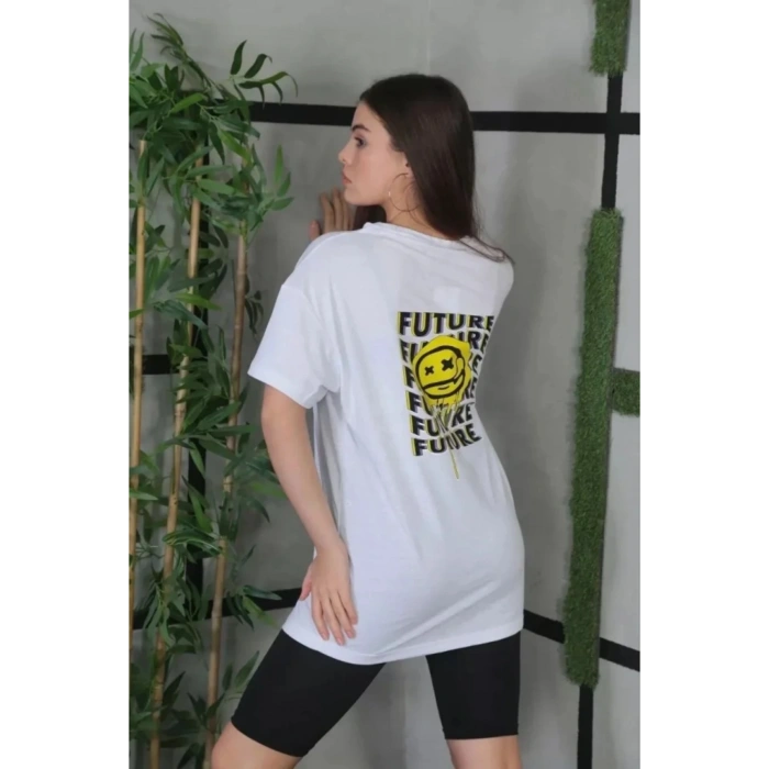 Unisex Bisiklet Yaka Baskılı Oversize T-Shirt - Beyaz