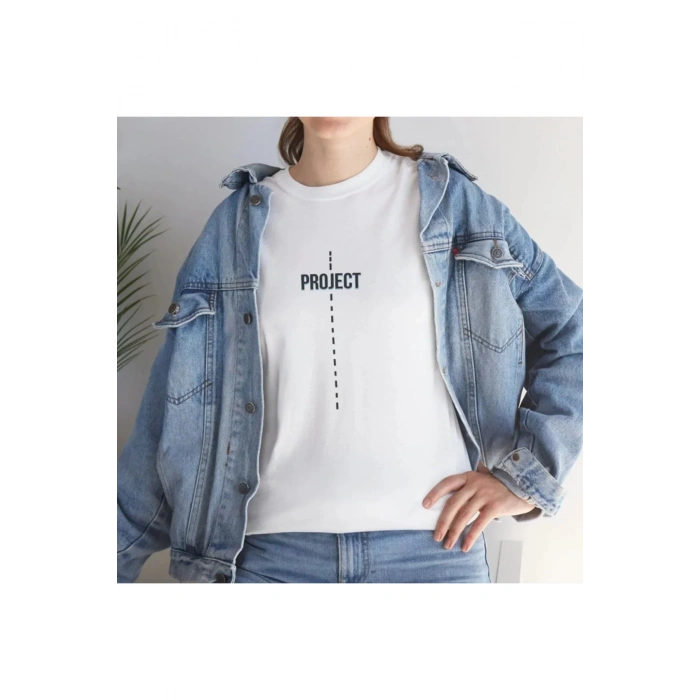 Unisex Bisiklet Yaka Baskılı T-Shirt - Beyaz