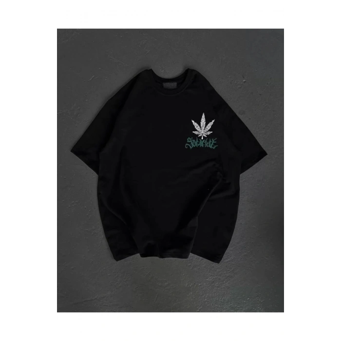 Unisex Bisiklet Yaka Baskılı Oversize T-Shirt - Siyah
