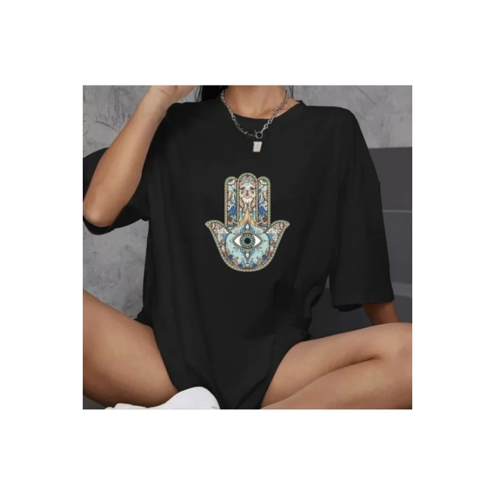 Unisex Bisiklet Yaka Baskılı Oversize T-Shirt - Siyah