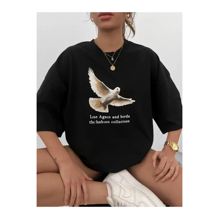 Unisex Bisiklet Yaka Baskılı Oversize T-Shirt - Siyah