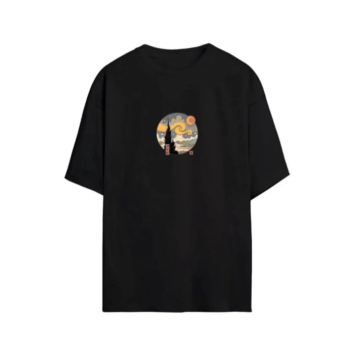 Unisex Baskılı Oversize T-Shirt - Siyah
