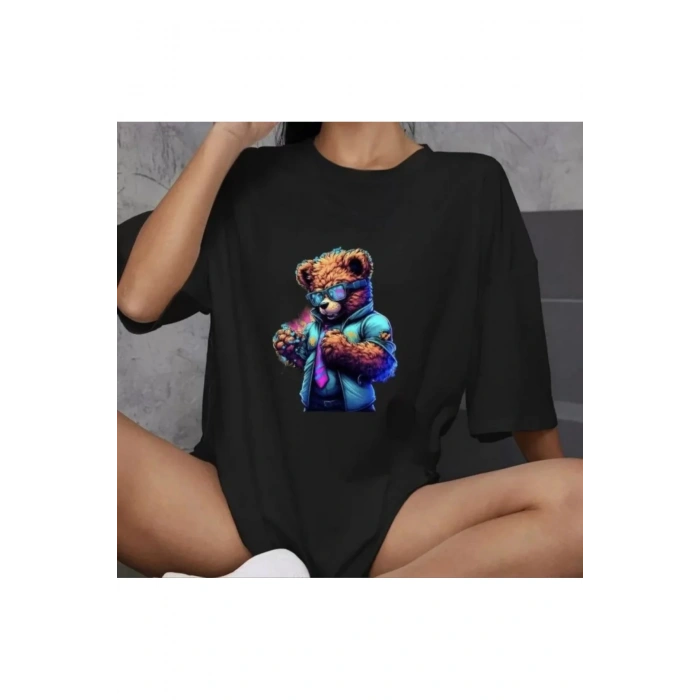 Unisex Bisiklet Yaka Baskılı Oversize T-Shirt - Siyah