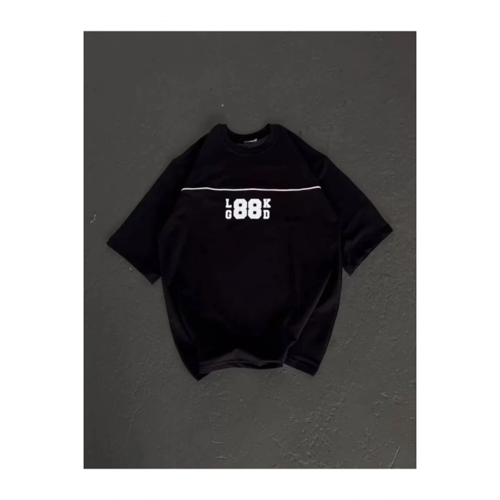Unisex Bisiklet Yaka Baskılı Oversize T-Shirt - Siyah