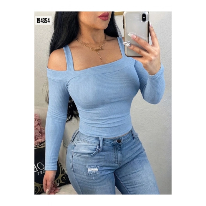 KadınUzun Kollu Madonna Yaka Askılı Krop Kaşkorse Bluz