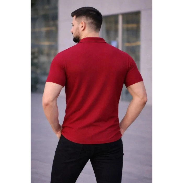 Erkek Waffle Kumaş Kısa Kollu Düğmeli Açık Yaka Regular Fit Gömlek - Kırmızı