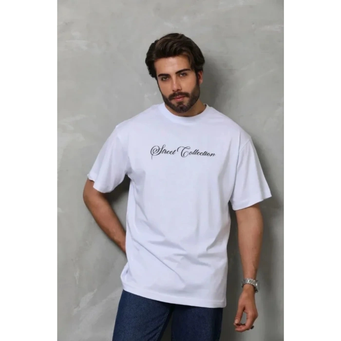 Erkek Baskılı T-Shirt Kısa Kol Bisiklet Yaka Regular Fit Rahat Kalıp Günlük Tişört - Beyaz