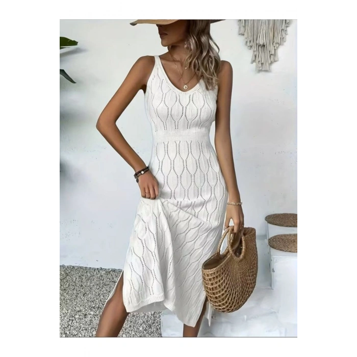 Kadın Bodycon İnce Askılı V Yakalı Saç Örgü Desenli Uzun Triko Elbise