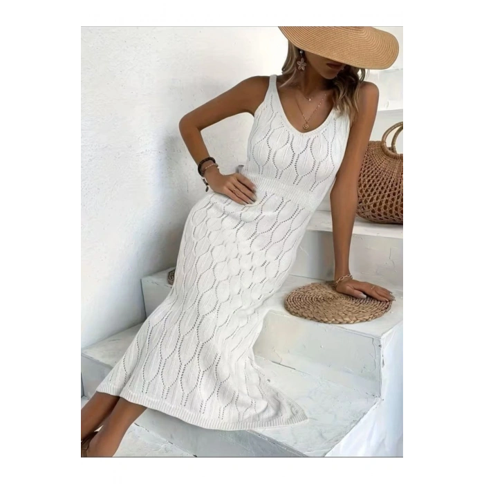 Kadın Bodycon İnce Askılı V Yakalı Saç Örgü Desenli Uzun Triko Elbise