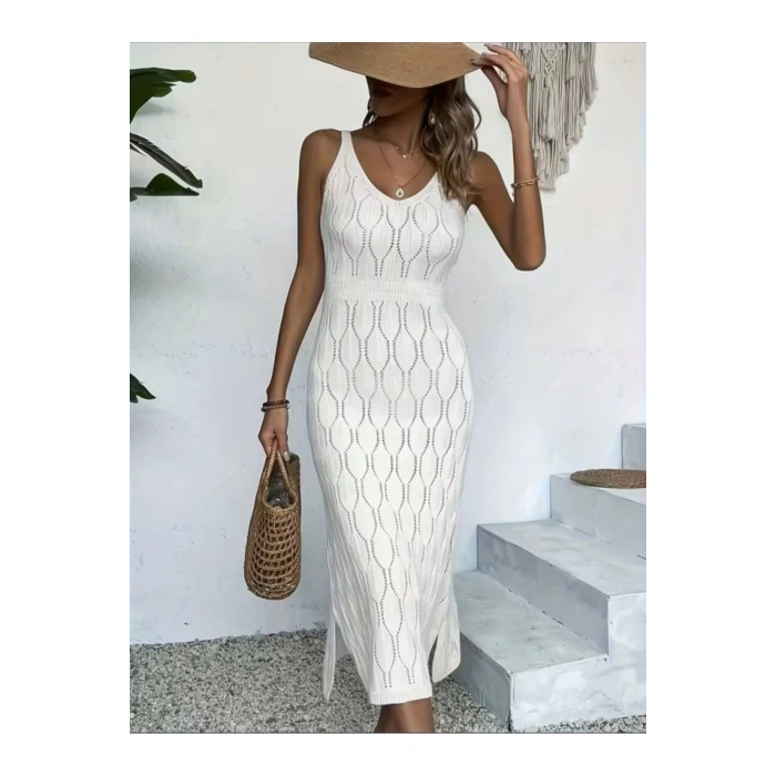 Kadın Bodycon İnce Askılı V Yakalı Saç Örgü Desenli Uzun Triko Elbise