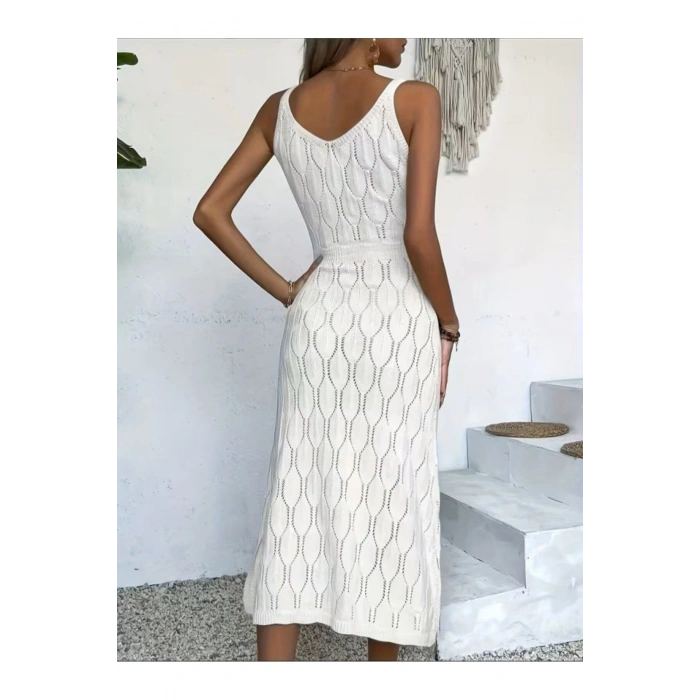 Kadın Bodycon İnce Askılı V Yakalı Saç Örgü Desenli Uzun Triko Elbise