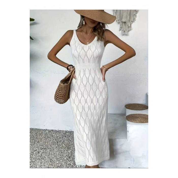 Kadın Bodycon İnce Askılı V Yakalı Saç Örgü Desenli Uzun Triko Elbise