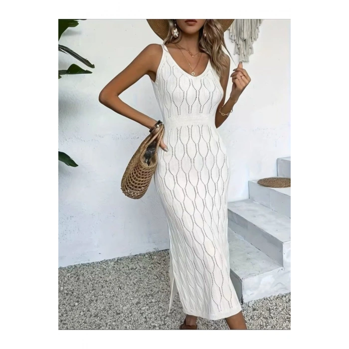 Kadın Bodycon İnce Askılı V Yakalı Saç Örgü Desenli Uzun Triko Elbise