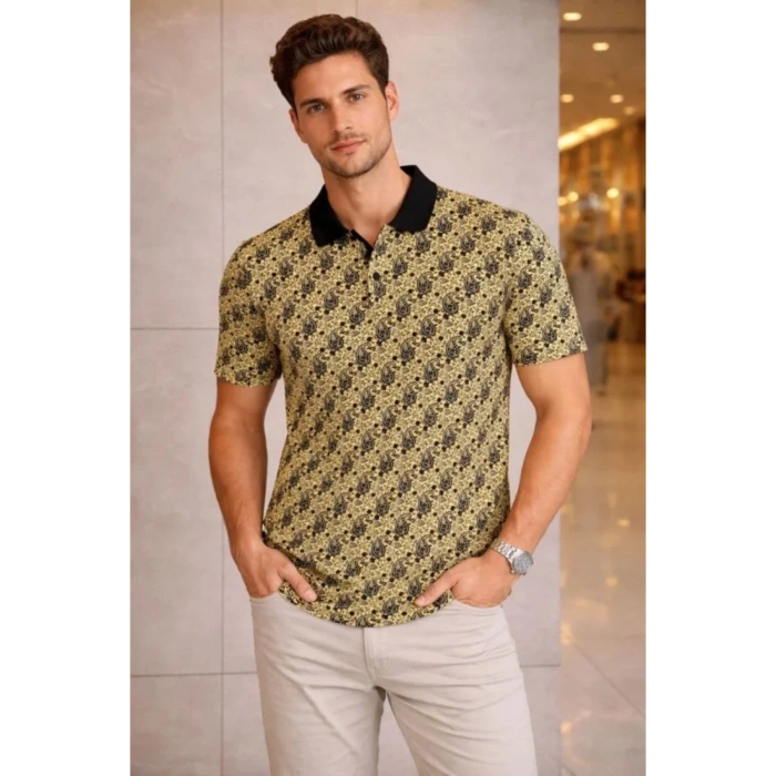 Erkek Pike Kumaş Polo Yaka Palmiye Desenli Tişört Kısa Kol Yazlık T-Shirt - Sarı