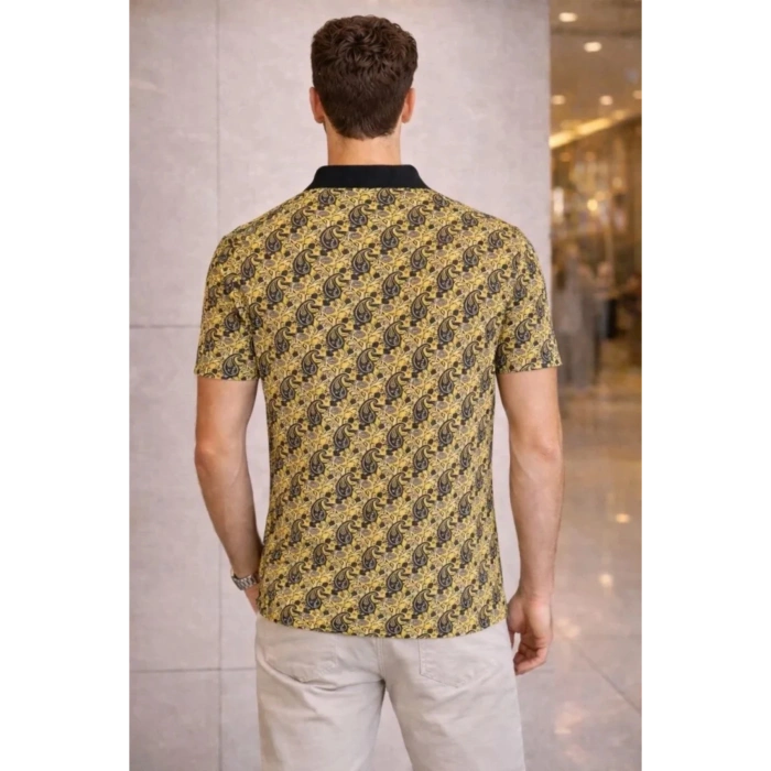 Erkek Pike Kumaş Polo Yaka Palmiye Desenli Tişört Kısa Kol Yazlık T-Shirt - Sarı