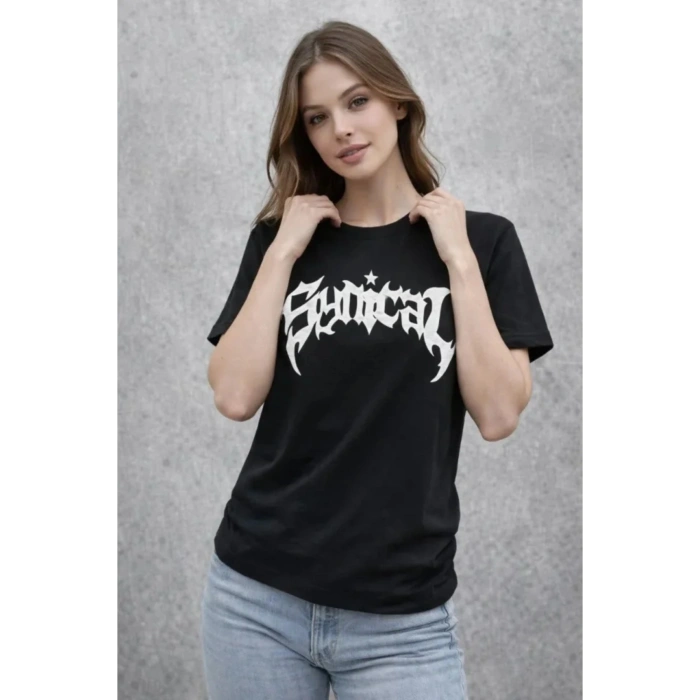 Bisiklet Yaka Ön Baskılı Kısa Kollu Tişört Streetwear Günlük Basic Pamuklu T-shirt - Siyah