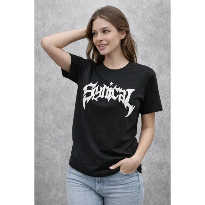 Bisiklet Yaka Ön Baskılı Kısa Kollu Tişört Streetwear Günlük Basic Pamuklu T-shirt - Siyah