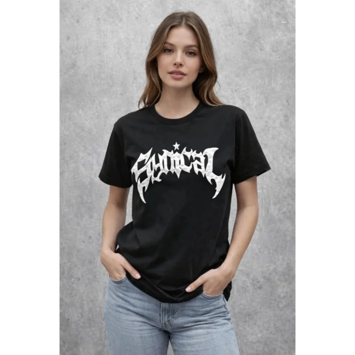 Bisiklet Yaka Ön Baskılı Kısa Kollu Tişört Streetwear Günlük Basic Pamuklu T-shirt - Siyah