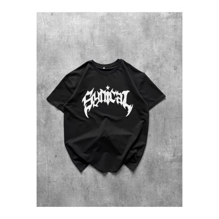 Bisiklet Yaka Ön Baskılı Kısa Kollu Tişört Streetwear Günlük Basic Pamuklu T-shirt - Siyah