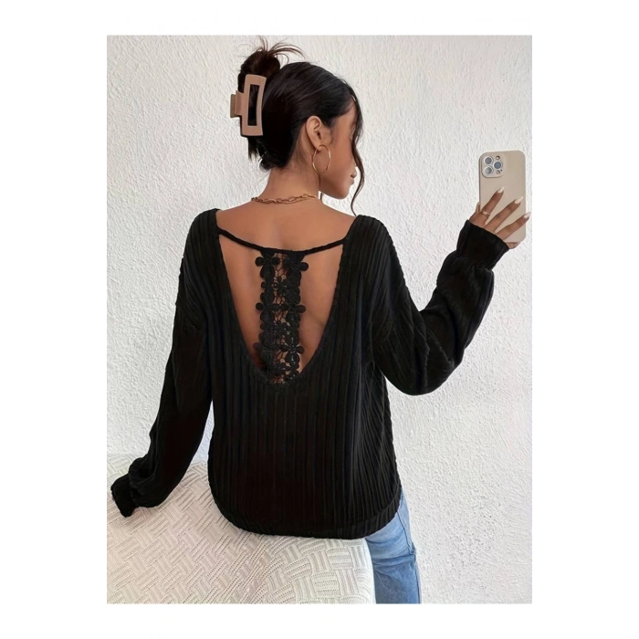 Kadın Uzun Kollu V Yakalı Pencere Sırt Dantel Detaylı Kalın Fitilli Kaşkorse Bluz