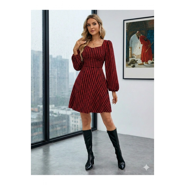 Kadın Uzun Kollu Kare Kalp Yakalı Mini Modal Elbise