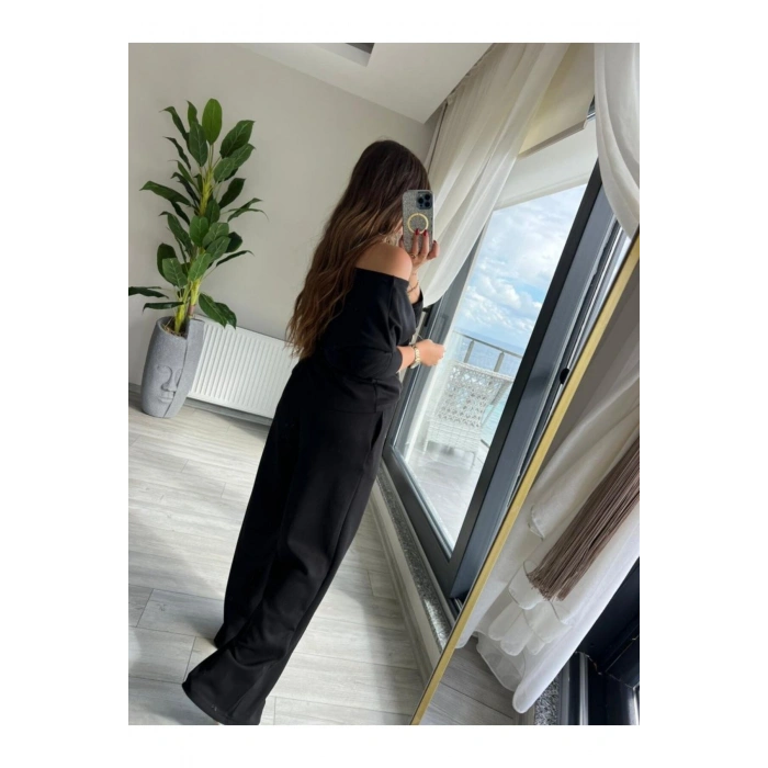 Kadın Uzun Kollu Tek Omuzdan Açık Modal Bluz Ve Pantolon Ikili Takım