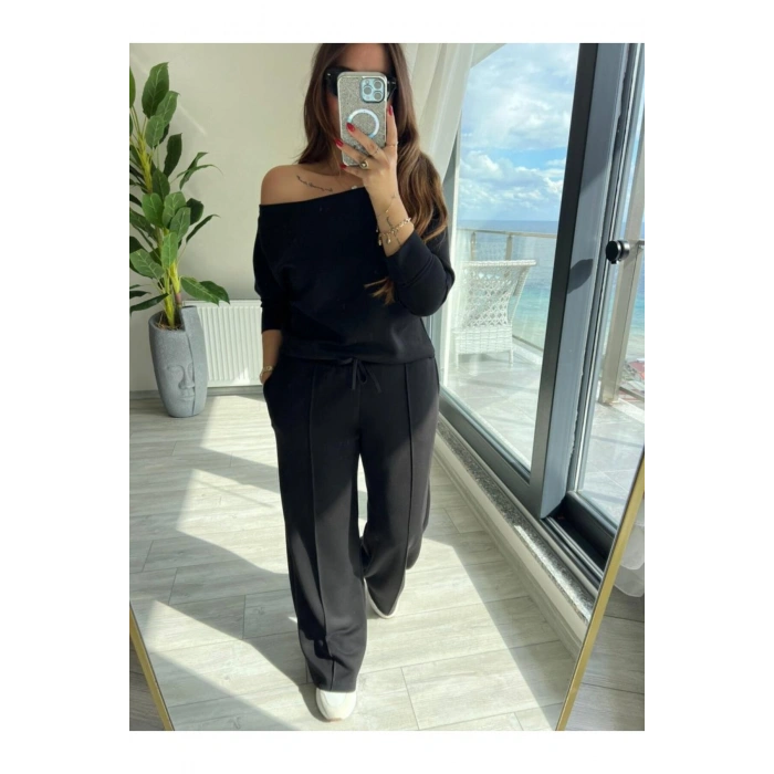 Kadın Uzun Kollu Tek Omuzdan Açık Modal Bluz Ve Pantolon Ikili Takım