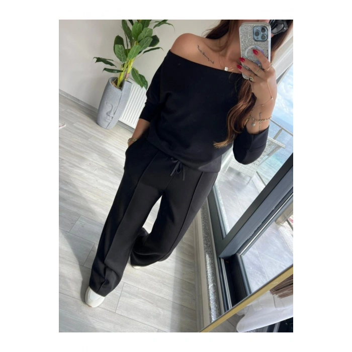 Kadın Uzun Kollu Tek Omuzdan Açık Modal Bluz Ve Pantolon Ikili Takım