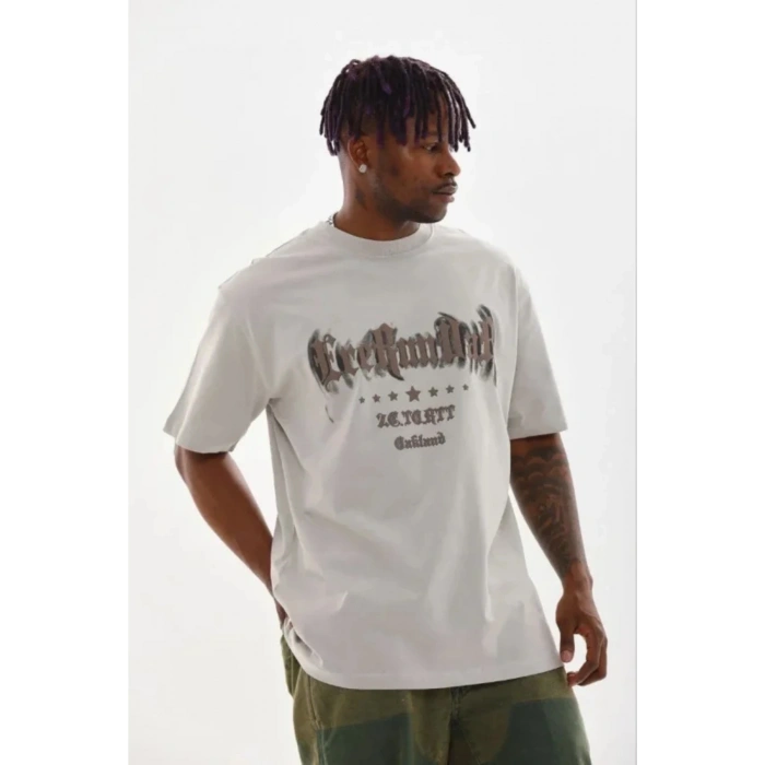 Erkek Baskılı T-Shirt Kısa Kol Bisiklet Yaka Regular Fit Rahat Kalıp Günlük Tişört - Gri