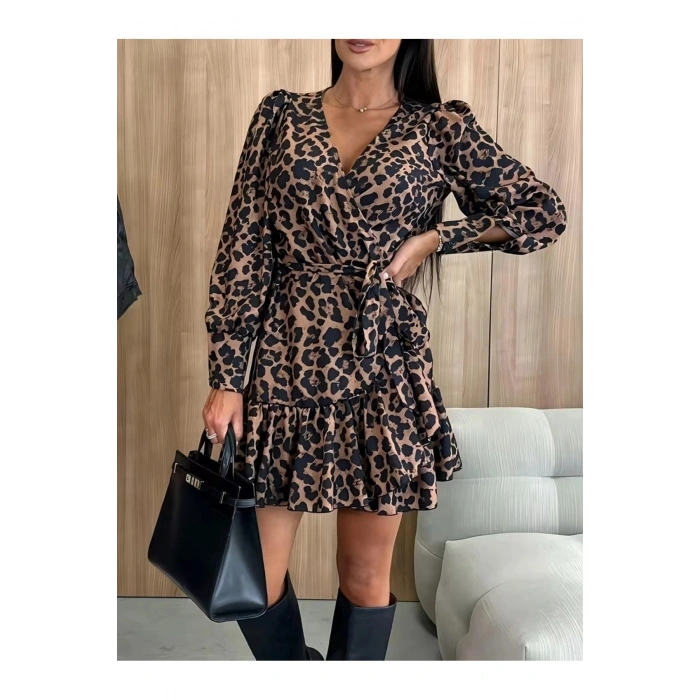 Kadın Uzun Kollu Kruvaze Yakalı Belden Bağcıklı Kısa Leopar Desenli Modal Elbise