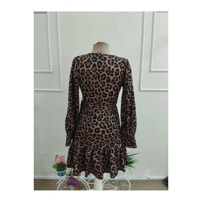 Kadın Uzun Kollu Kruvaze Yakalı Belden Bağcıklı Kısa Leopar Desenli Modal Elbise