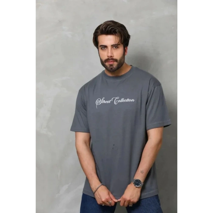 Erkek Baskılı T-Shirt Kısa Kol Bisiklet Yaka Regular Fit Rahat Kalıp Günlük Tişört - Füme