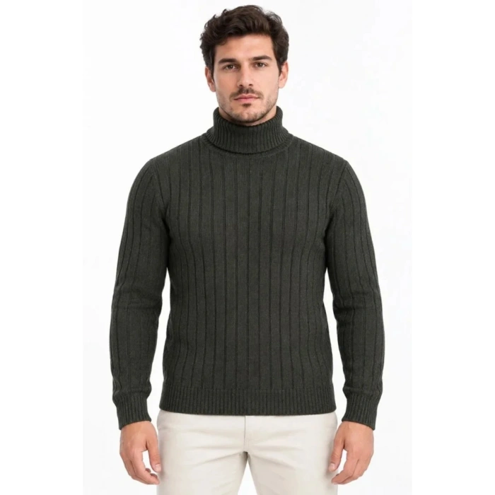 Erkek Balıkçı Yaka Tam Boğazlı Kalın Fitilli Regular Fit Triko Kazak - Füme