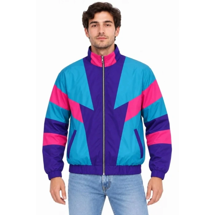 Erkek 80’ler Retro Wintage Dijital Baskılı Fermuarlı Rüzgar Kesici Mevsimlik Ceket