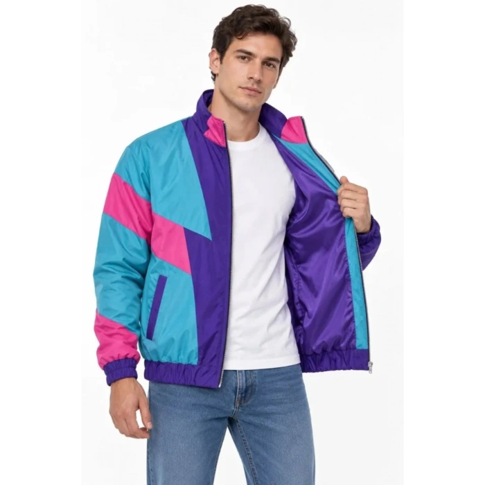 Erkek 80’ler Retro Wintage Dijital Baskılı Fermuarlı Rüzgar Kesici Mevsimlik Ceket