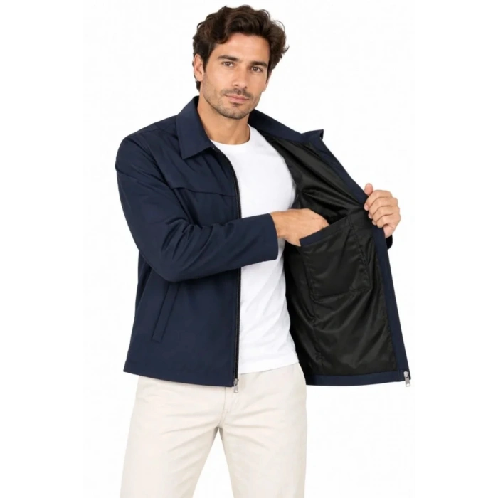 Erkek Su İtici Rüzgar Keser Astarlı Tam Fermuarlı 4 Mevsim Regular Fit Mont Ceket - Lacivert