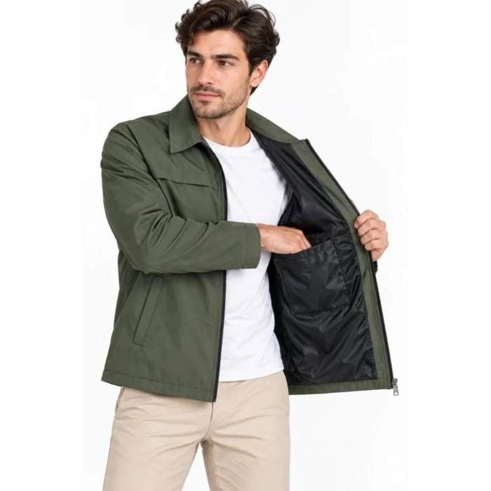 Erkek Su İtici Rüzgar Keser Astarlı Tam Fermuarlı 4 Mevsim Regular Fit Mont Ceket - Haki