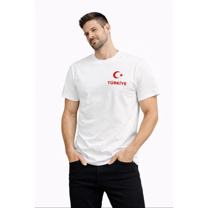 Erkek TÜRKİYE Ay Yıldız Baskılı Taraftar Forma T-Shirt - Beyaz