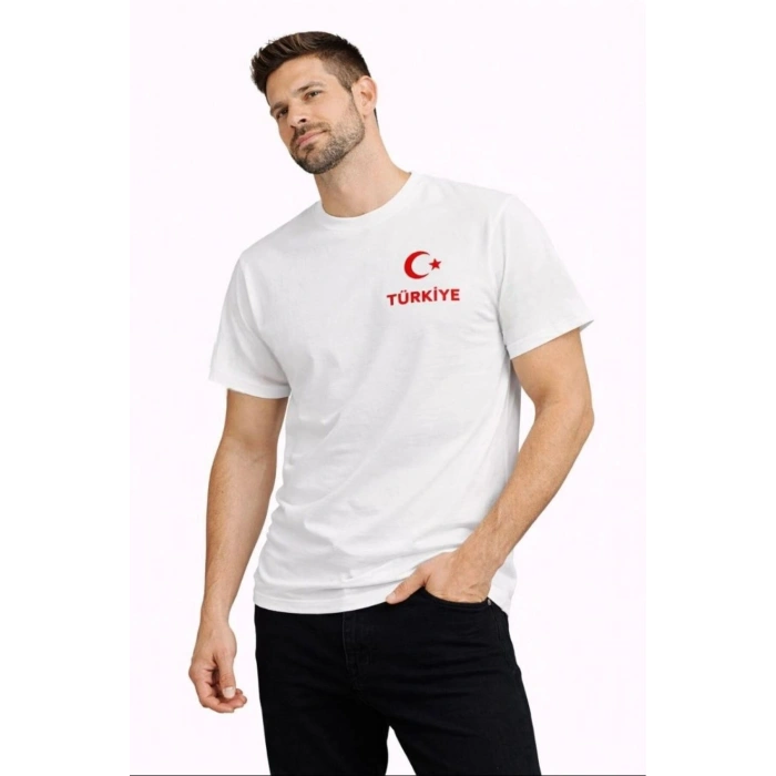 Erkek TÜRKİYE Ay Yıldız Baskılı Taraftar Forma T-Shirt - Beyaz