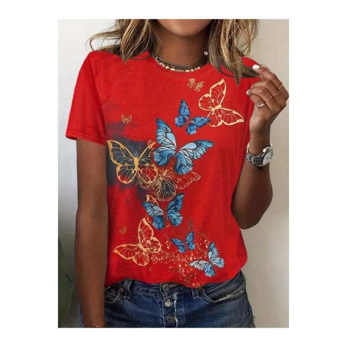 Kadın Kısa Kollu Mavi Sarı Kelebek Baskı Süprem T-shirt