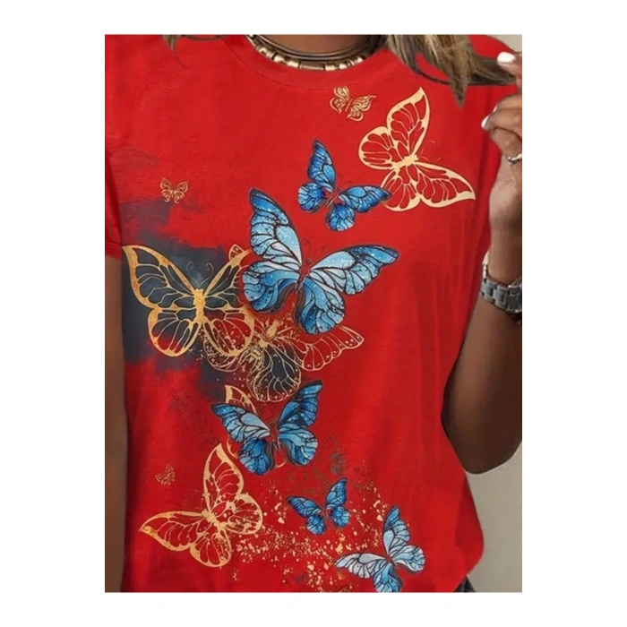 Kadın Kısa Kollu Mavi Sarı Kelebek Baskı Süprem T-shirt