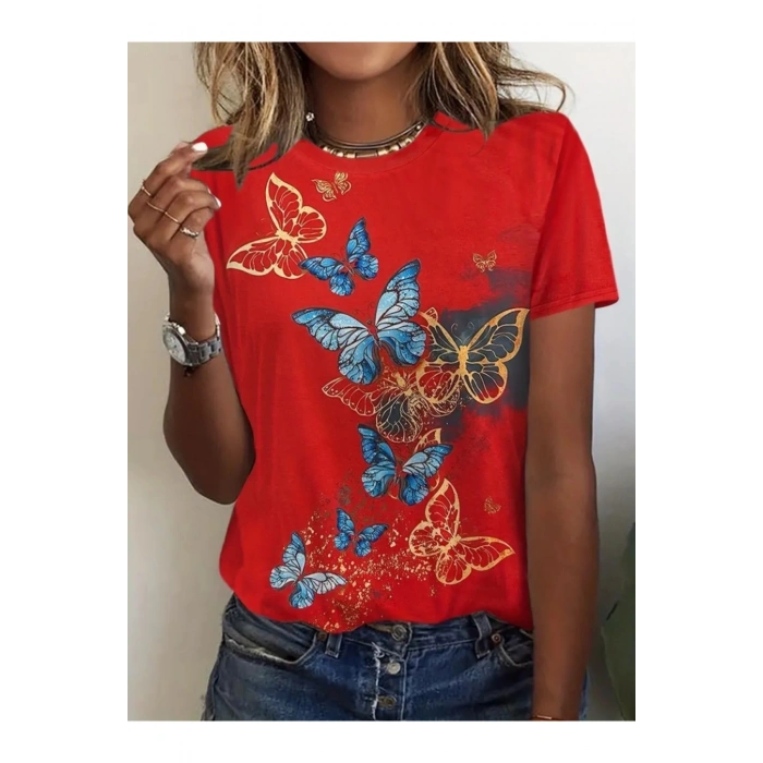 Kadın Kısa Kollu Mavi Sarı Kelebek Baskı Süprem T-shirt