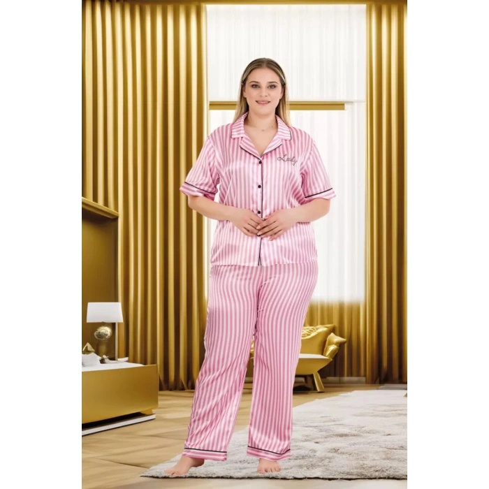 Büyük Beden Şık Tasarım Pembe Çizgili Düğmeli Kısa Kol Lüx Saten Pijama Takımı