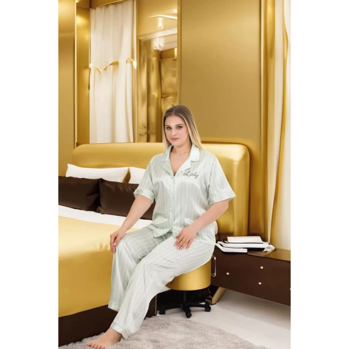 Büyük Beden Şık Tasarım Mint Yeşil Çizgili Düğmeli Kısa Kol Lüx Saten Pijama Takımı