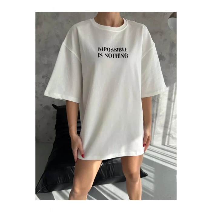 Unisex Bisiklet Yaka Baskılı Oversize T-Shirt - Beyaz