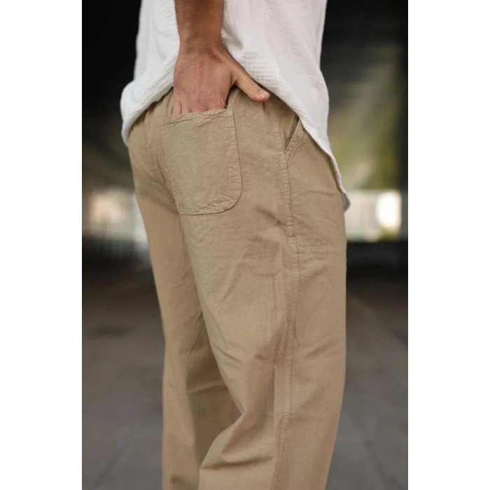 Erkek Ham Keten Beli Lastikli Cepli Regular Fit Boru Paça Pantolon - Kahverengi